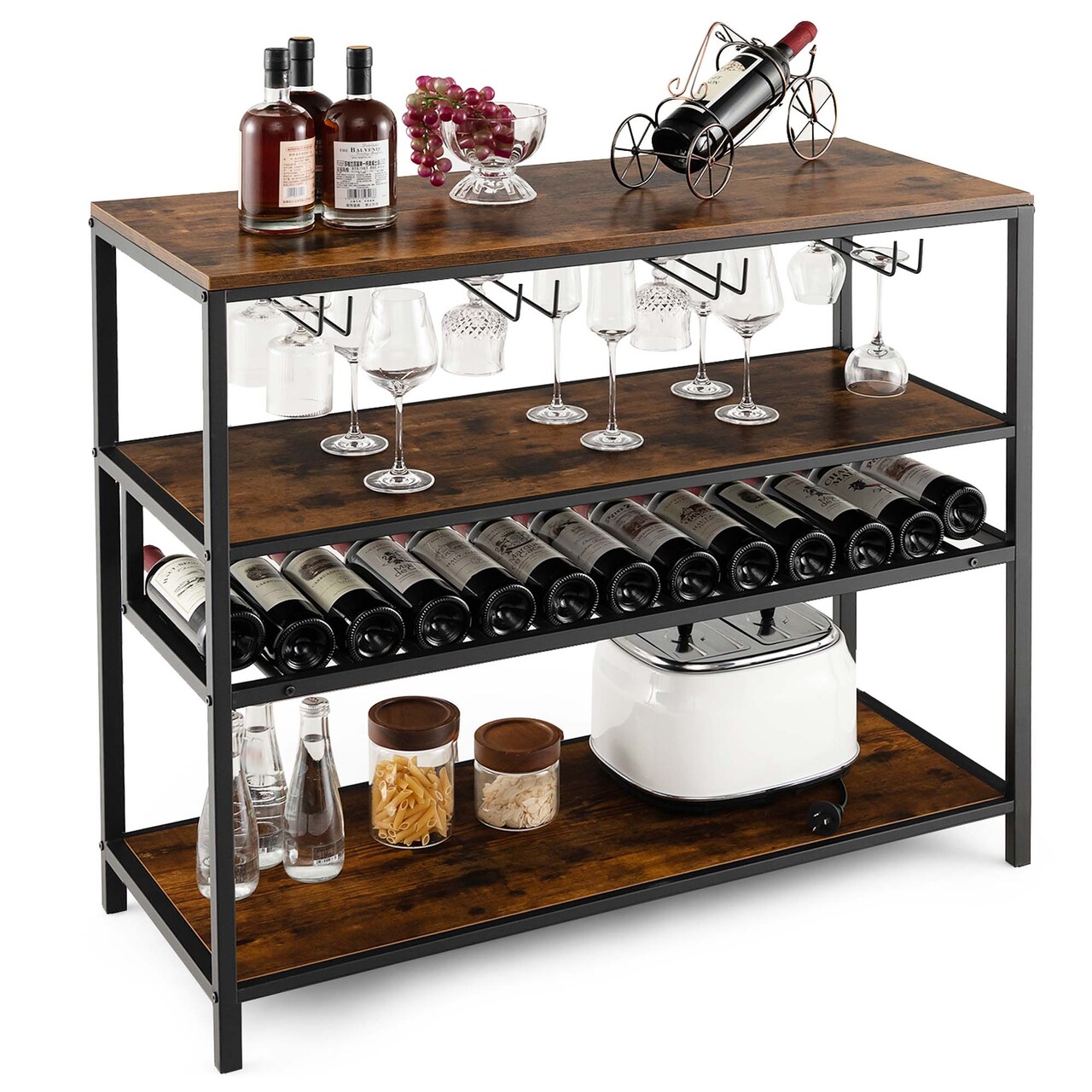 Costway Rustic Wine Rack Table 13 Bottles Wine Bar Cabinet Freestanding with Glass Holder